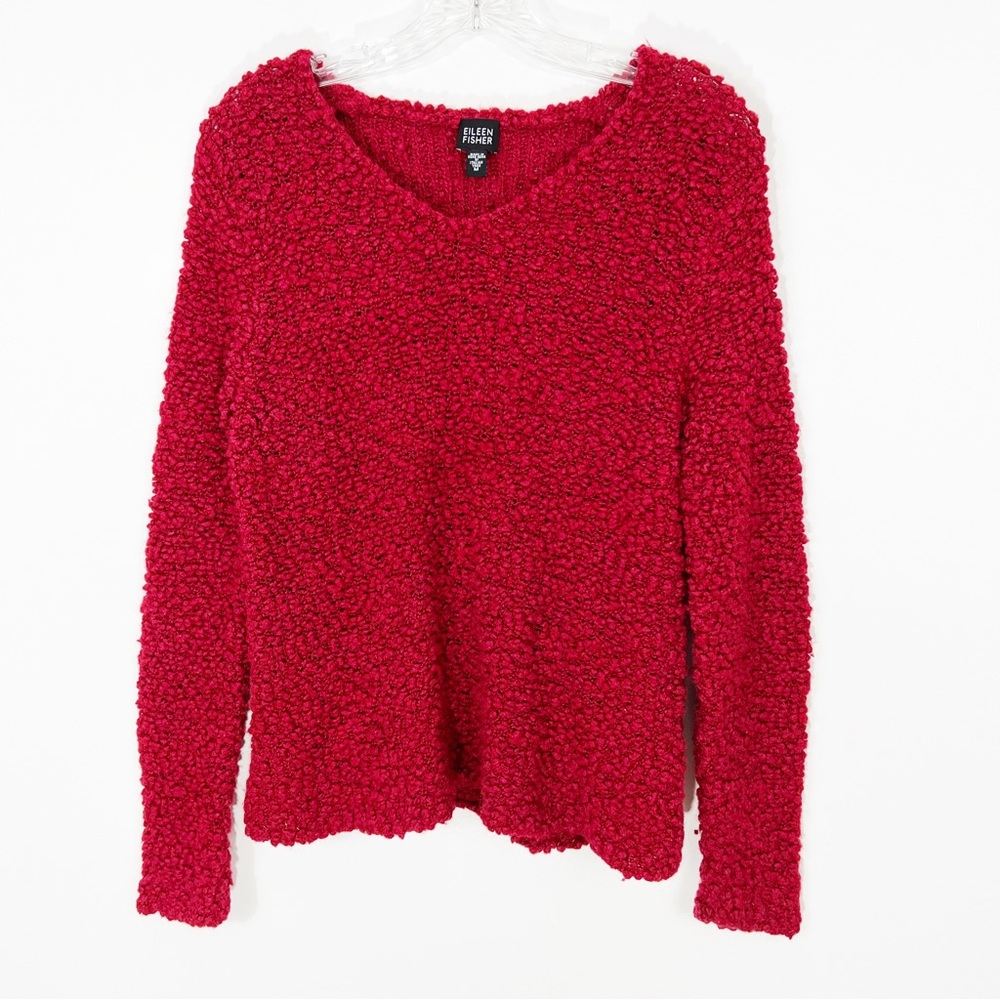 Eileen Fisher Red Popcorn Knit Sweater Medium Merino Wool Silk Blend